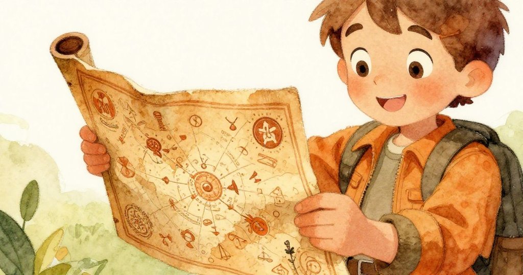 利亞姆在大樹旁細看古舊地圖,手中指向神秘符號,背景隱約見野花點綴,展現探險的期待與細膩。