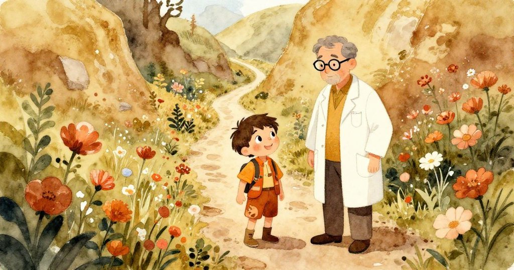 從高處俯瞰,利亞姆與科學家走在隱秘花谷間,小徑蜿蜒,四周花朵燦爛,流露驚奇與微妙脆弱感。