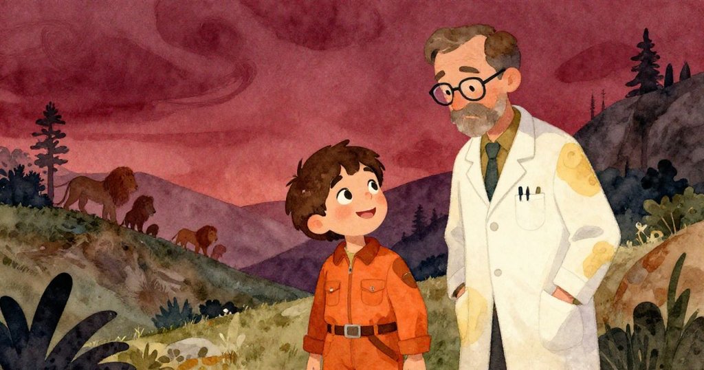 黃昏時分,烏雲翻滾中,科學家與利亞姆凝望遠處輕柔咆哮的獅影,氛圍充滿神秘古老的低語與期待。