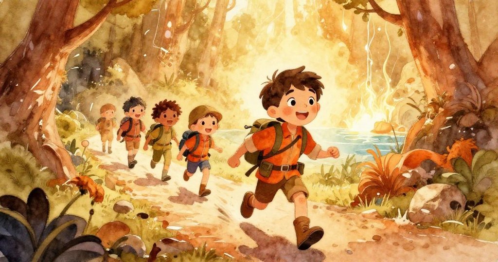 利亞姆帶領隊伍風雨同行,沿著隱秘小徑奔向閃耀綠洲,動態十足,充滿急迫與希望的冒險精神。