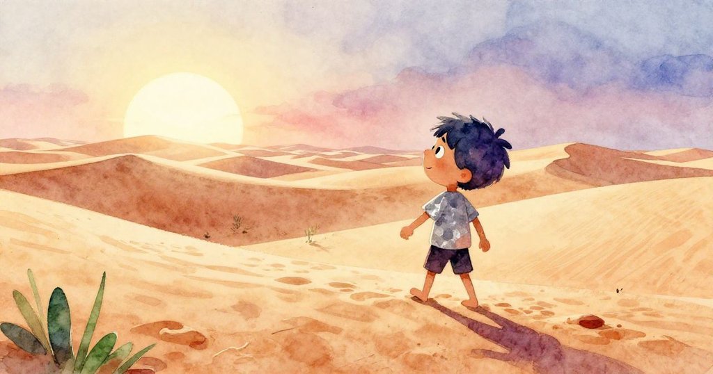 Sam踏入金色黎明下的寬闊沙漠，四周沙丘延綿，神情充滿期待與冒險，迎向新旅程。