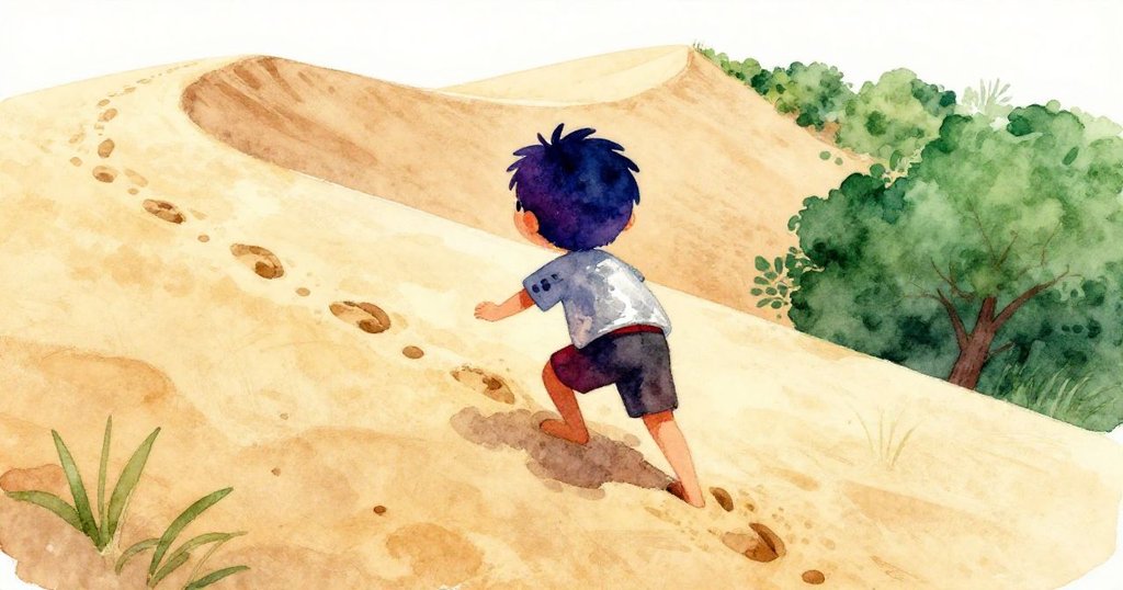 Sam奮力攀登高聳沙丘，腳下留有清晰足跡，呈現出堅定與冒險精神，沙漠景致壯觀。