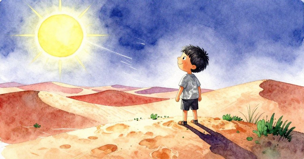 Sam站在山頂俯瞰廣闊沙漠，微風吹拂中展露燦爛笑容，陽光溫暖灑落，心中滿懷愉悅。