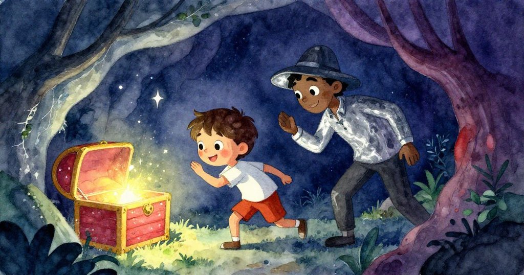 Sam與陌生人於隱秘洞穴中急速尋寶，動感十足，閃亮寶藏映照出彼此興奮神情，探險氣氛濃厚。