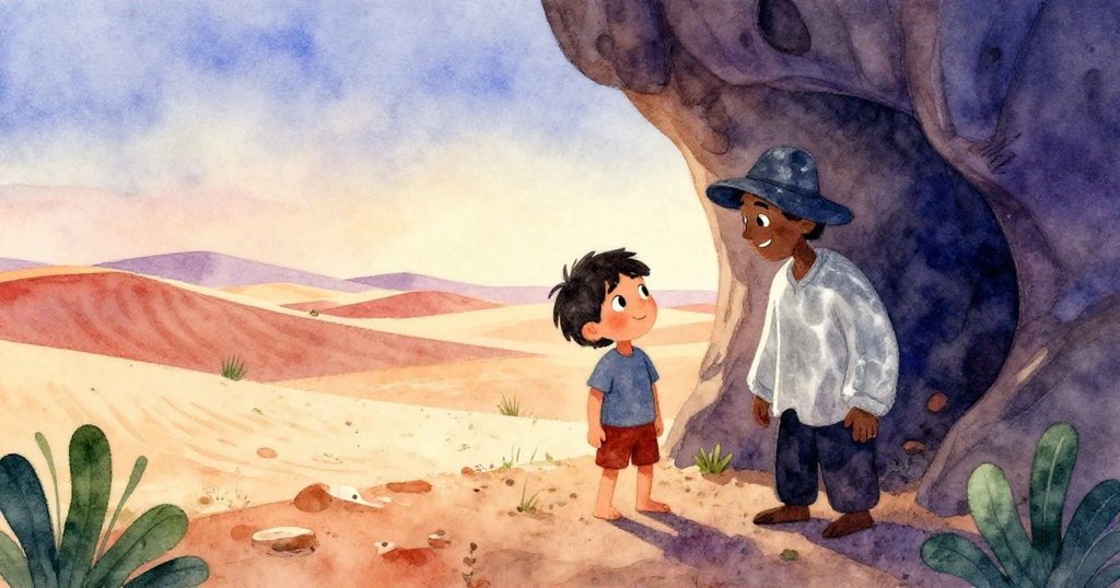 Sam與陌生人於寬闊沙漠中共享溫馨微笑，和煦午後光影下，洞穴與沙丘背景襯出希望與快樂的寧靜情懷。