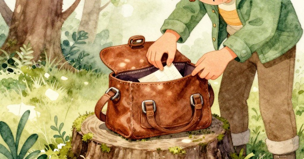 亞歷克斯聚精會神地打開背包，露出一張精緻的小紙條，周圍苔蘚覆蓋的樹樁和柔和光線襯托出奇妙氛圍。