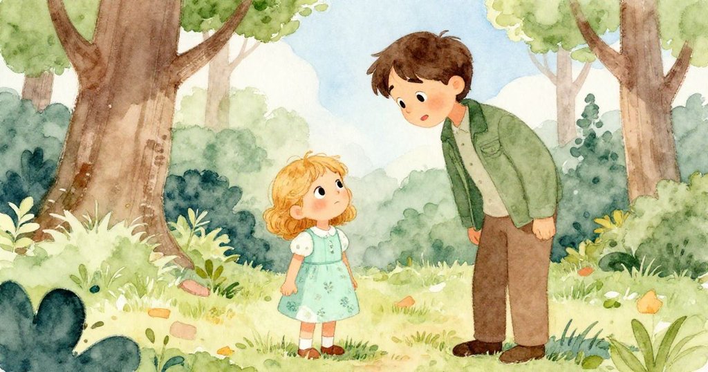 亞歷克斯從背後注視著樹邊迷路的莉莉，她神情中帶著不安與希望，綠樹與斑駁光影見證了這溫暖瞬間。