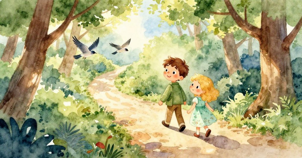 從樹梢高處俯瞰，亞歷克斯牽著莉莉沿著綠蔭小徑前行，鳥兒飛舞，晨光灑落，展現出大自然的生機與和諧。