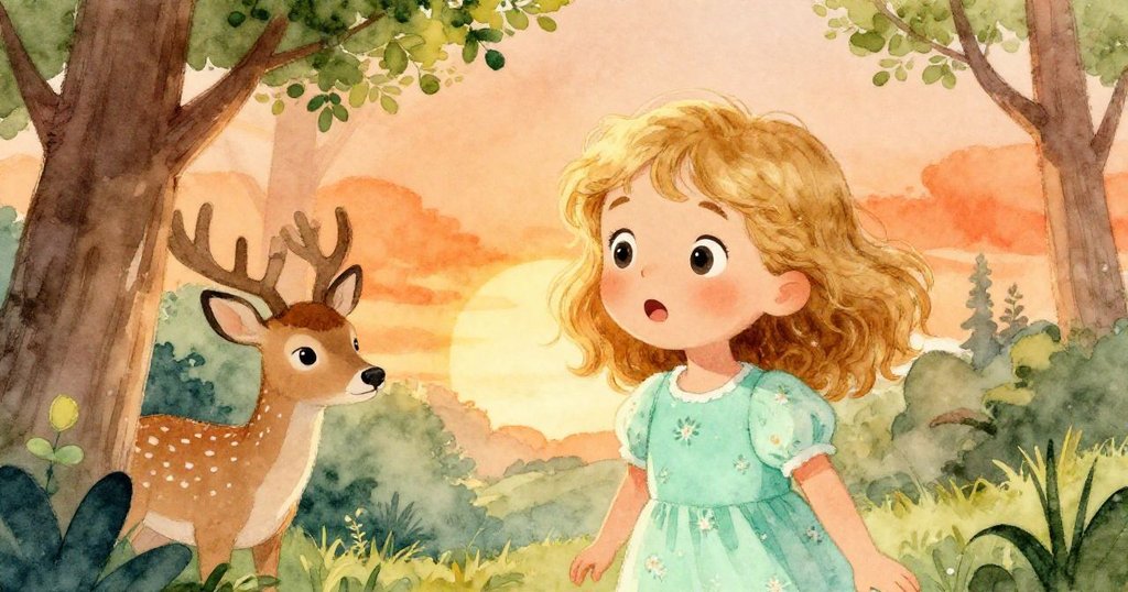 莉莉驚訝地注視遠處樹後漸現的友善小鹿，溫暖夕陽橘光與綠影交織出一瞬懸念與奇妙期待。