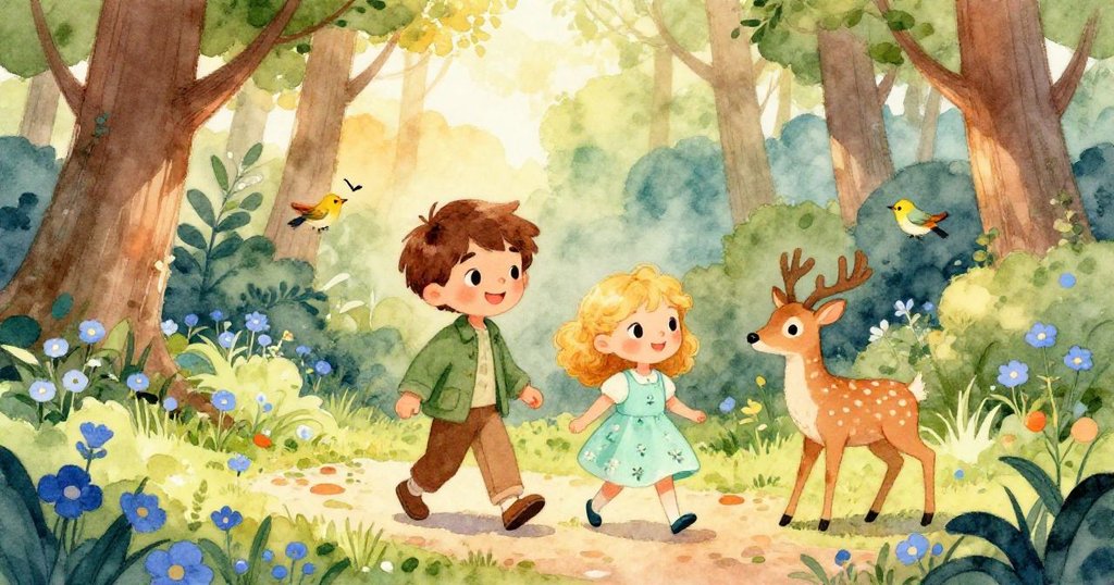 亞歷克斯帶著莉莉和友善小鹿在綠蔭小徑上同行，臉上滿是歡笑，藍花點綴自然，陽光與柔和色彩交織出溫馨團聚的美好景致。