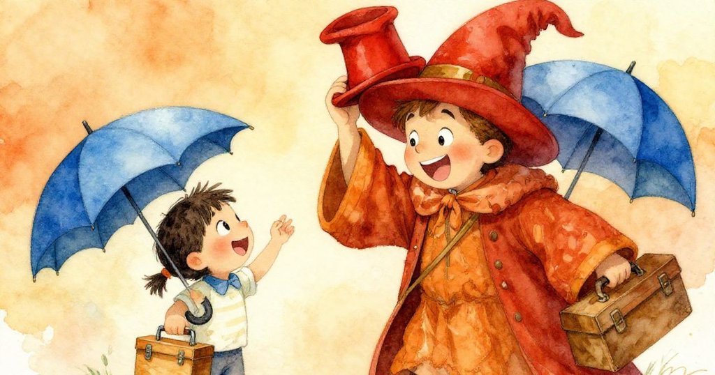 魔術師搖晃紅帽施展花招,孩子露出燦爛笑容,近距離展現驚喜與快樂,背景蘊含溫馨魔法氣息。