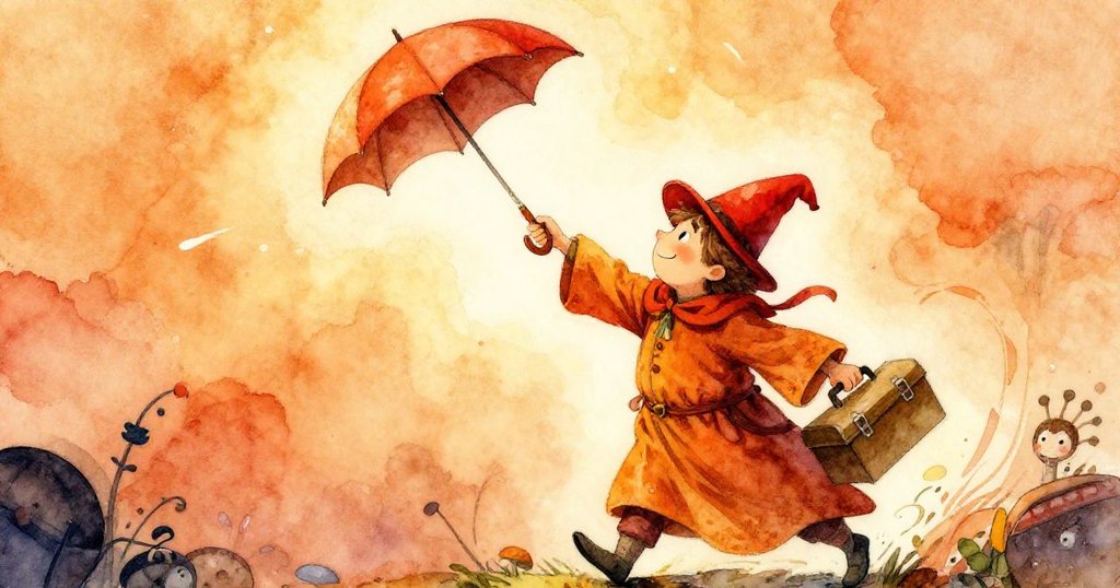 魔術師從低角度展示驚喜花招,把傘翻轉時紅帽在空中旋轉散發亮麗色彩,背景陽光與雲朵襯托出魔法動感。