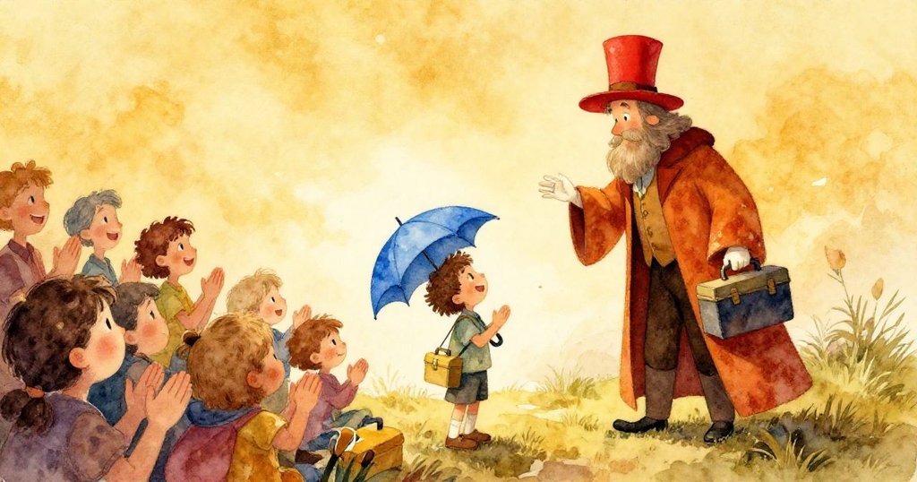 觀眾熱烈鼓掌,魔術師與孩子在溫暖光線中共享快樂時光,天空從明亮轉為柔和金黃,展現魔法時光流轉。