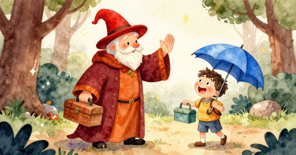 魔術師揮手施法,孩子拿著小工具箱熱情大笑,兩人互動表現出濃郁魔幻氛圍和溫暖陽光輕灑的愉悅時刻。