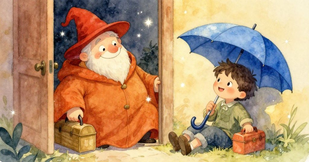 孩子在開著的門旁安靜休憩,魔術師溫柔微笑凝望,冷夜中蘊含柔和魔法光芒,營造出故事平和美好的結局。