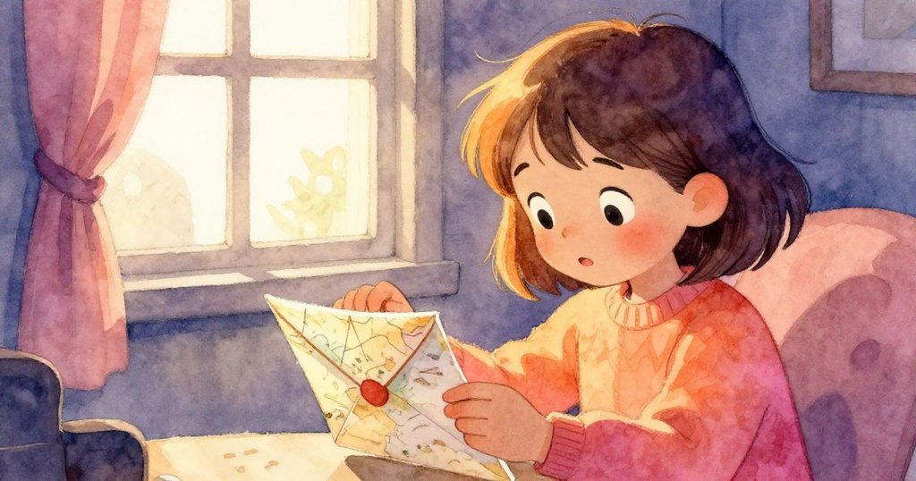 Luna 在溫暖小屋中，小心翼翼打開神秘信封，信中隱約顯現褪色地圖，她表情充滿好奇與期待。