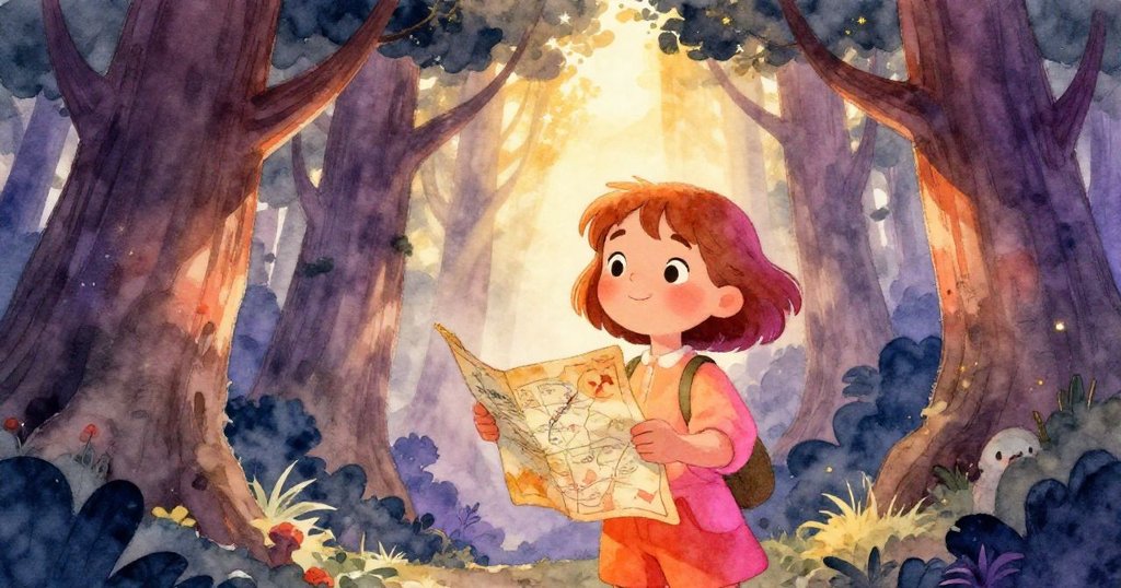 Luna 在高大古樹前手握地圖，以低角度仰視展現勇氣和期待，即將踏入奇幻森林探險旅程。