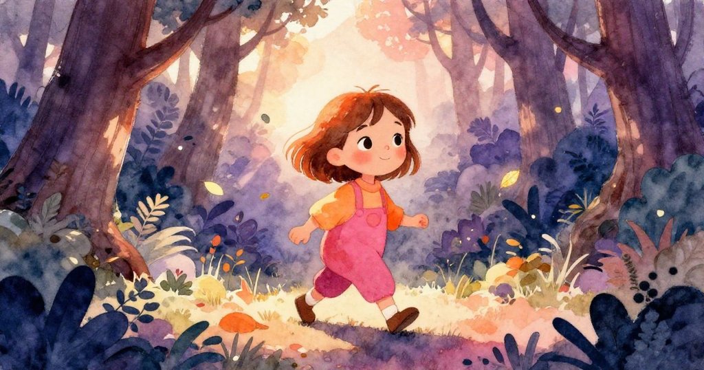 Luna 在魔幻森林中行走，微風吹拂樹葉，斑駁陽光灑落，她沉浸在神秘自然氛圍中，神情平靜而充滿期待。