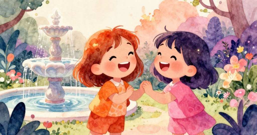 Luna 在色彩繽紛的秘密花園中與好友於噴水池邊重逢，兩人快樂傾談、笑容燦爛，共同規劃美好冒險。