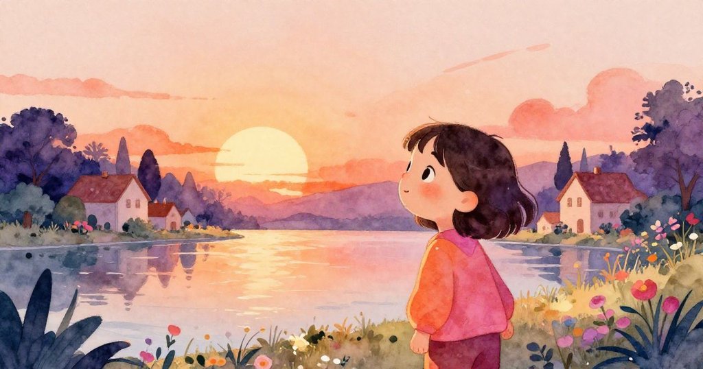 Luna 漫步於夕陽下回到家鄉，小鎮與秘密花園景致交織，鄰居微笑相迎，畫面充滿平和與希望。