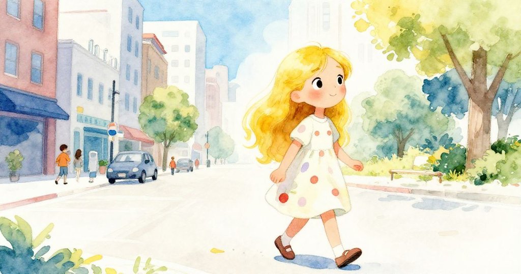 莉莉興奮地走在繁忙城市街道上，背景有寧靜公園，神情充滿期待與希望，開啟冒險旅程。