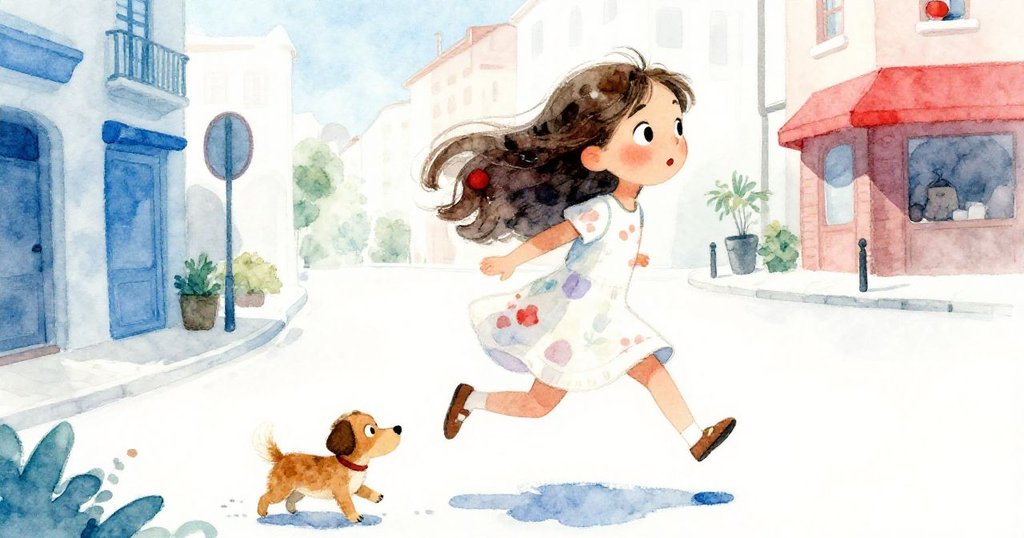 莉莉與小狗在傾斜視角下活潑互動，穿越都市景觀，充滿驚喜與動感，展現冒險中突如其來的轉折。