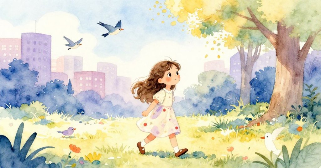 莉莉漫步於寧靜公園中，欣賞藍天與歌唱的小鳥，感受大自然的寧靜與美好，心中滿溢希望。