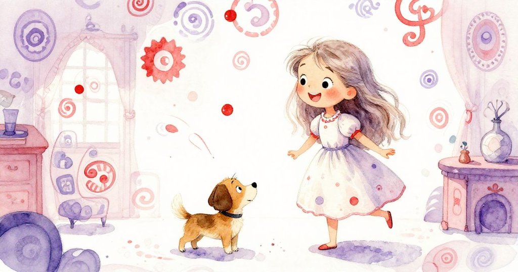 莉莉在魔法房間內歡喜慶祝，牆上圖案與舞動色彩營造奇幻氣氛，小狗歡快陪伴，情感洋溢快樂與驚奇。