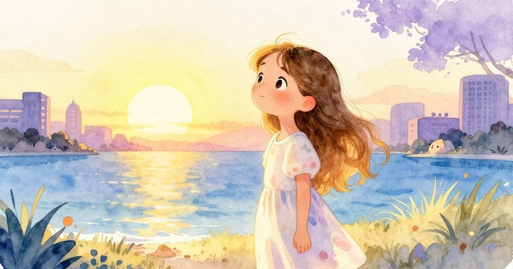 莉莉在夕陽金光中平靜堅定，回顧冒險旅程，面帶微笑，展現希望與新夢想，溫暖光影映襯出安詳氛圍。