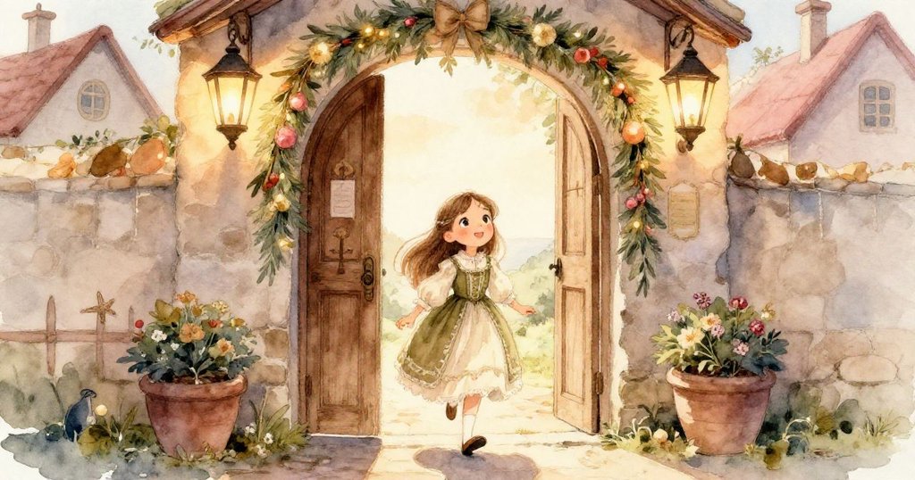 莉莉穿過裝飾華麗的大門，邁步進入充滿節慶氣息的村莊現場，臉上流露出無比期待和喜悅。