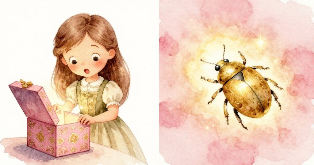 莉莉在準備儀式時打開盒子，發現一隻散發柔和光芒的奇特甲蟲，臉上表情充滿驚喜與好奇，畫面左右對比呈現奇妙瞬間。