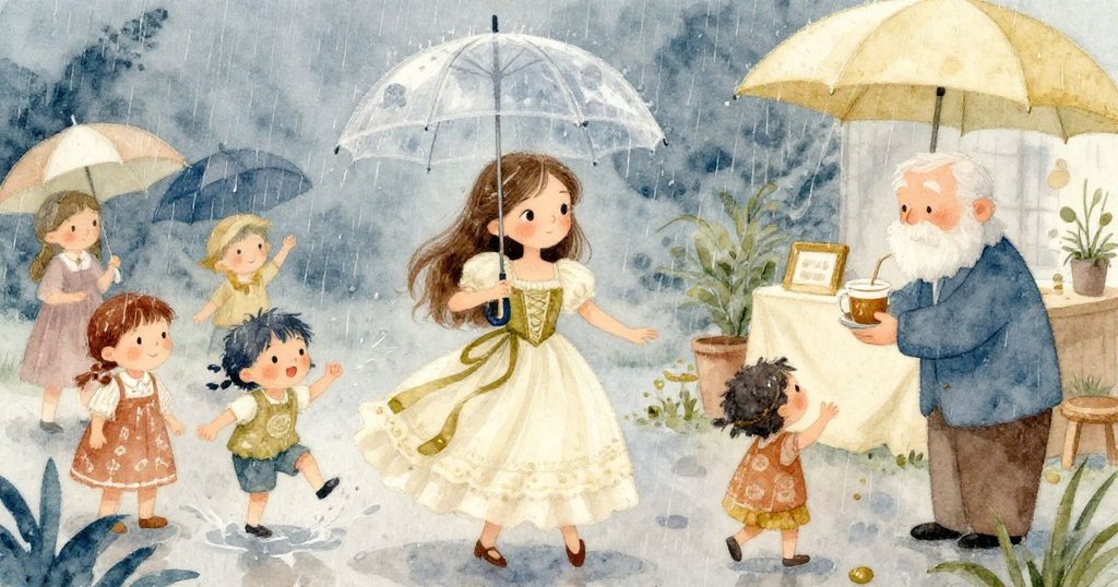 莉莉與孩子們在柔和雨中歡快互動，撐傘起舞，鄰居送上熱飲，雨滴中流露溫暖與喜悅，節慶氛圍盡現。