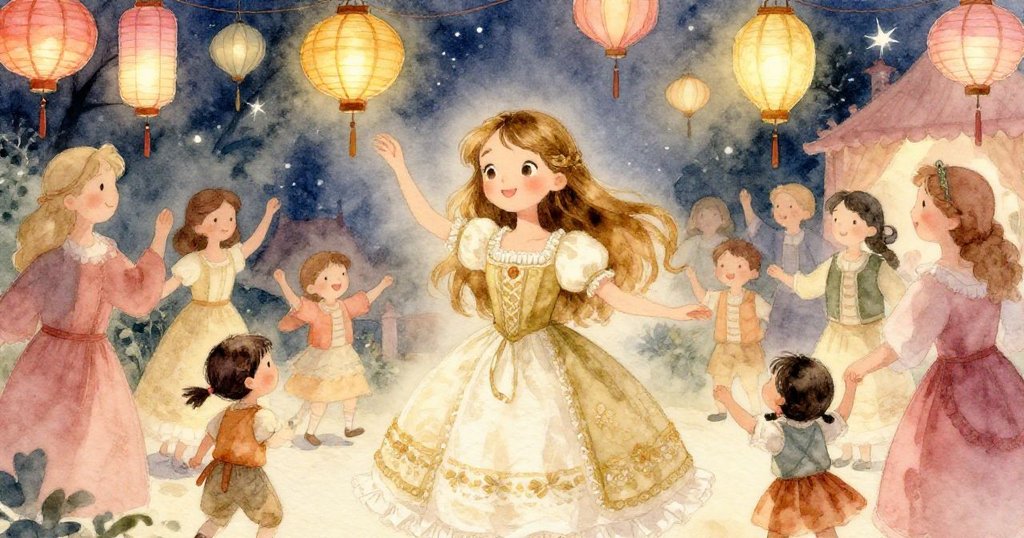 莉莉和村民在彩燈照耀下熱鬧慶祝，孩子們快樂跳舞，整個夜晚充滿音樂、笑聲與溫暖的魔法氛圍。