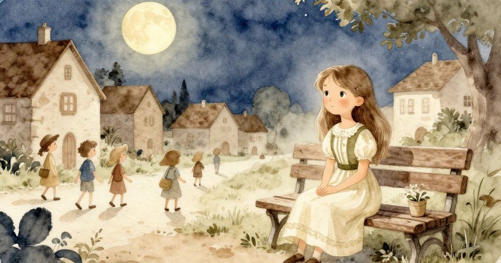 莉莉在月光下靜坐長椅，村民在遠處散步，夜幕中回味魔法節慶記憶，溫柔寧靜的氛圍令人心安。