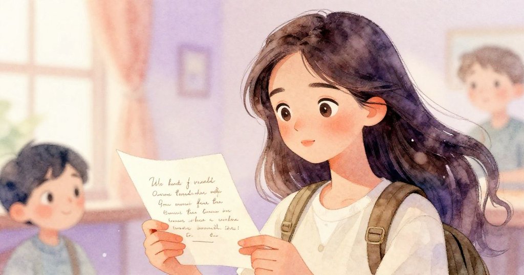 艾蓮娜專注閱讀充滿啟示的手寫信，手部細節與溫柔背景交織，展現內心追尋勇氣的瞬間。