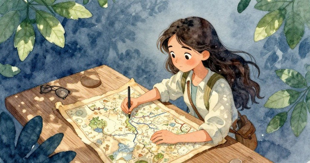 從高角度看，艾蓮娜坐在木桌前細查古舊地圖，神情堅定與猶豫交織，展現對未知旅程思索。