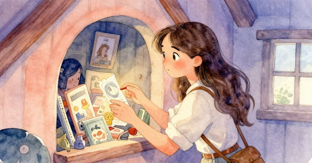 艾蓮娜在茅屋內探訪隱密角落，輕觸舊物回憶神秘敲門，溫暖光影映襯內心情感。