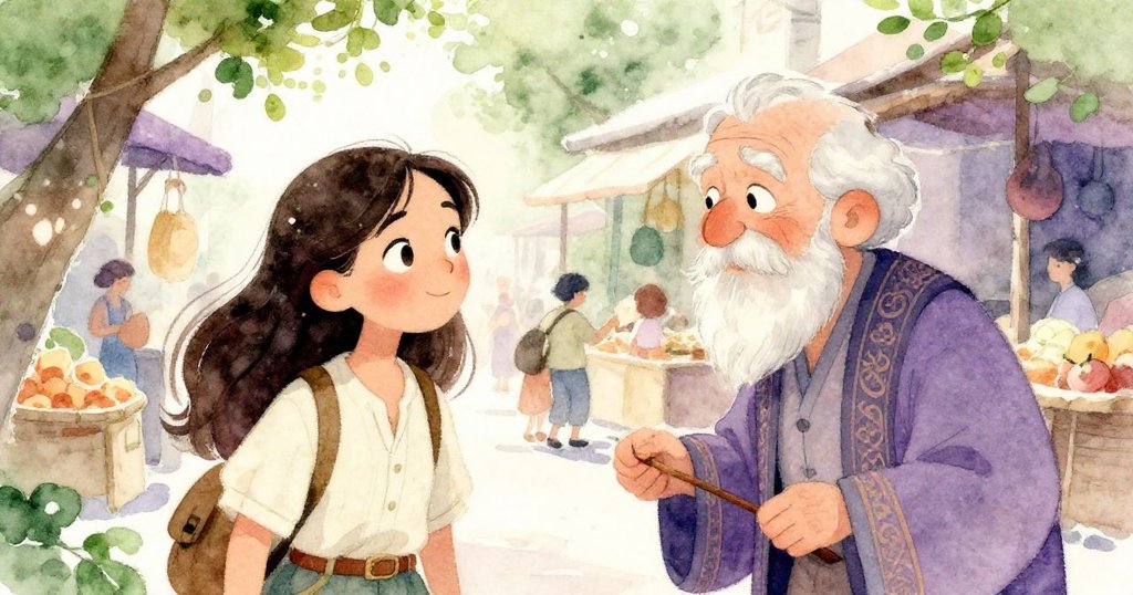 熱鬧市集中，艾蓮娜與智慧老人深情交流，老人慈祥指導，艾蓮娜情緒緊張卻渴望成長，市景生動富有活力。