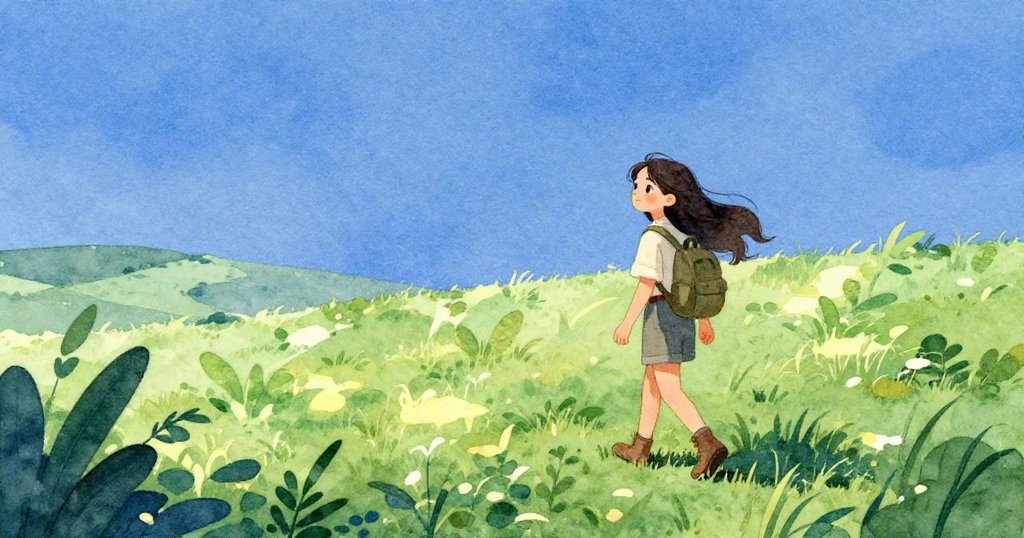 艾蓮娜在廣闊大自然中獨自行走，身影渺小卻滿懷堅定夢想，陽光斑駁映襯出成長與未來的無限可能。