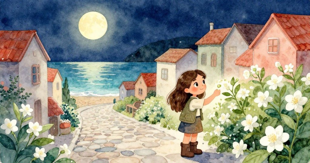 露西婭在海邊村莊的石板街上散步，夜空明亮、月光柔和，海風吹拂，心情平靜中隱含期盼轉變。