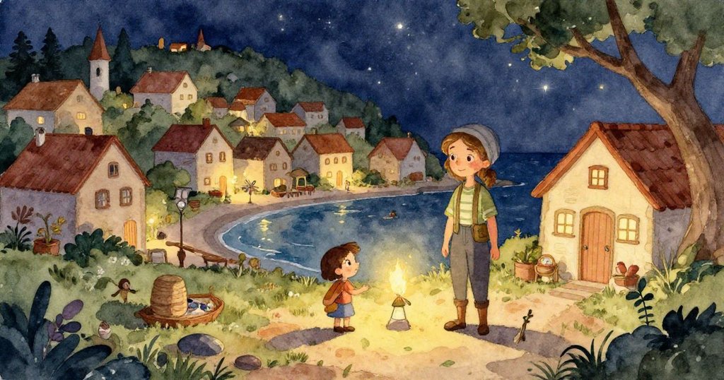 露西婭視角凝望遠方顫動的山丘，月光映照下火山徵兆隱現，海浪與岩石間傳出低沉回響，情緒緊張漸升。