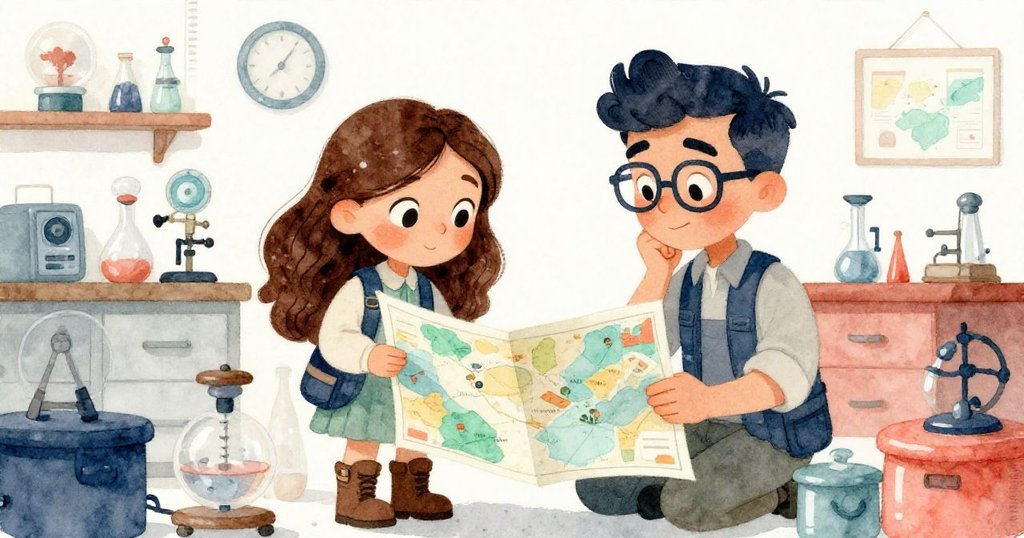 露西婭與馬可在溫暖的研究室中緊急討論，仔細檢查地圖與儀器，表情堅定中帶著憂慮，面臨抉擇時刻。