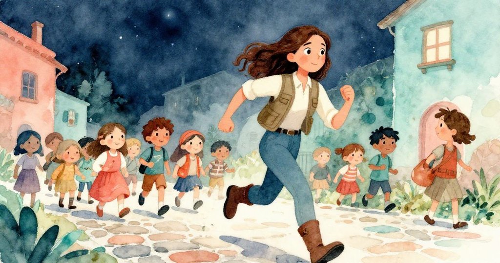 露西婭在石板街上急速奔跑帶領村民緊急撤離，表情堅定且充滿決心，環境中展現混雜緊張與希望的氣氛。