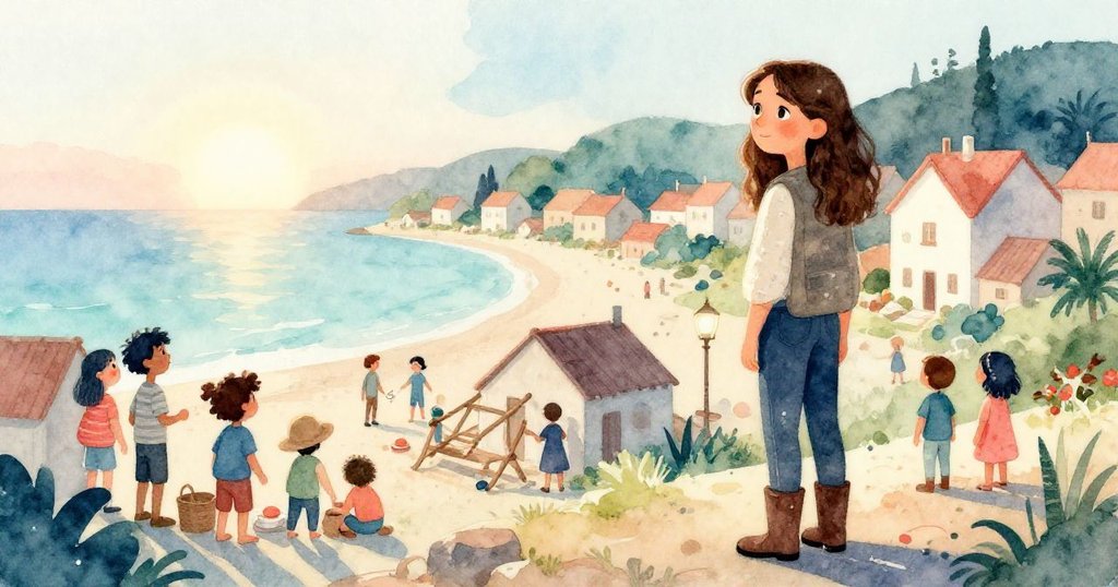 黎明時分村民齊聚修復家園，露西婭靜立遠眺回顧艱辛歷程，晨光中流露出希望、智慧與團結的溫暖情懷。