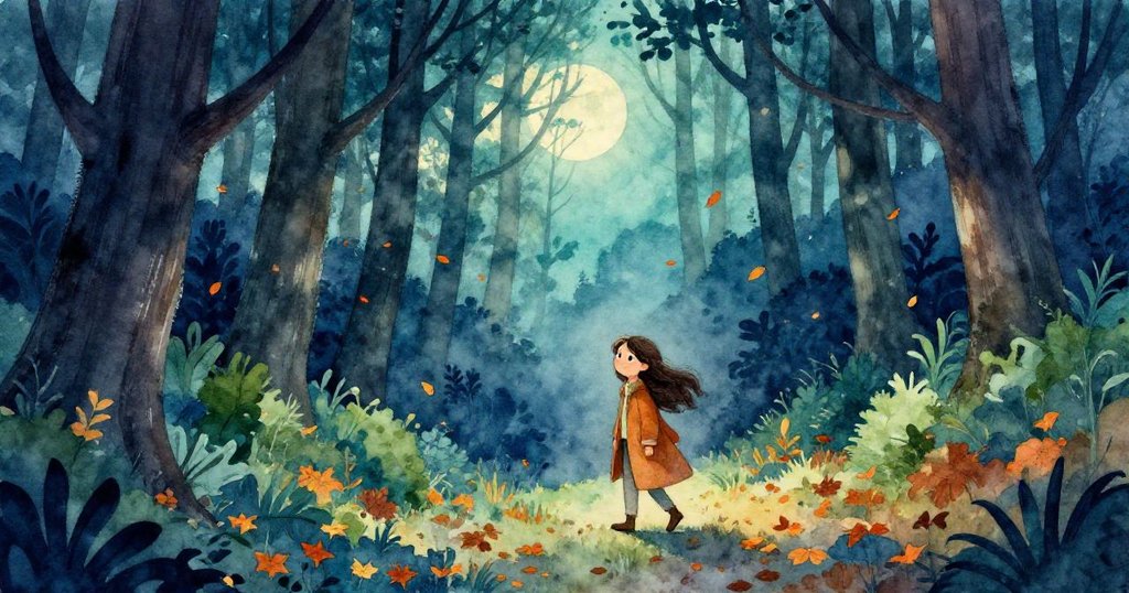 Aurora走在秋夜森林中，落葉飄舞，星光微閃，表情專注且憧憬，展開一段神秘尋星之旅。