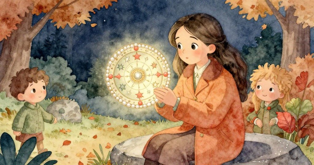 Aurora坐在石上，聚精會神地閱讀古老星座書，手指輕觸紋理，周圍秋夜昏光映襯著她的探索熱情。