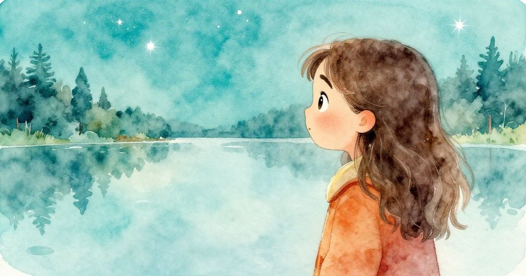Aurora凝視湖面中反射的星空與自己，雙眼閃爍著驚奇光芒，湖面微漣展現靜謐奇幻的夜色。