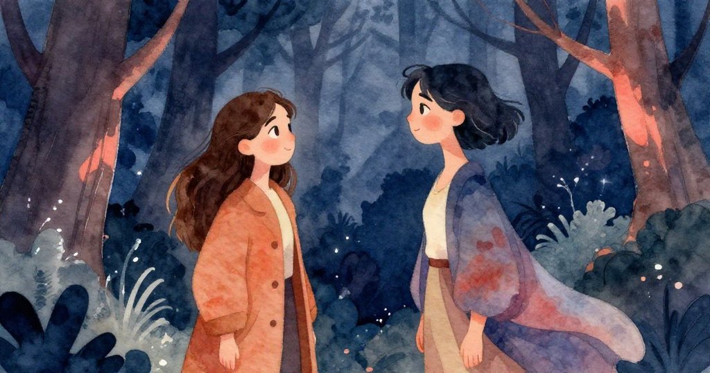 Aurora與Celeste在黃昏森林中偶遇，Celeste從陰影中走出，雙方目光交流中流露出驚喜與期盼。