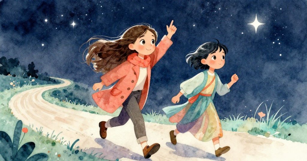 Aurora與Celeste沿彎曲小徑奔走交流，手勢生動，風中落葉與星光交織，展現追尋命運的熱情與動態情感。