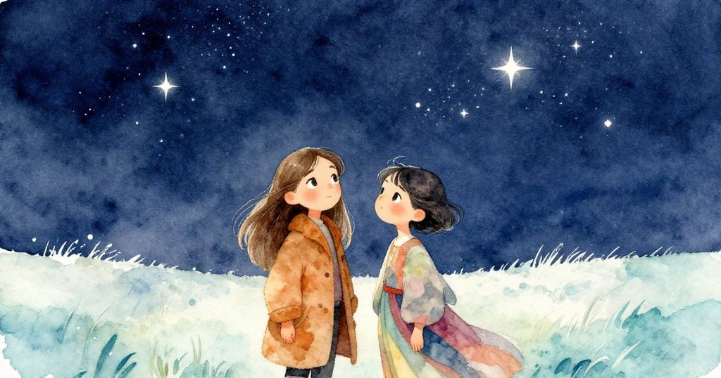 Aurora與Celeste在星空下停步，彼此傾心交流，溫柔星光映襯著她們平靜、理解與希望滿滿的臉龐。